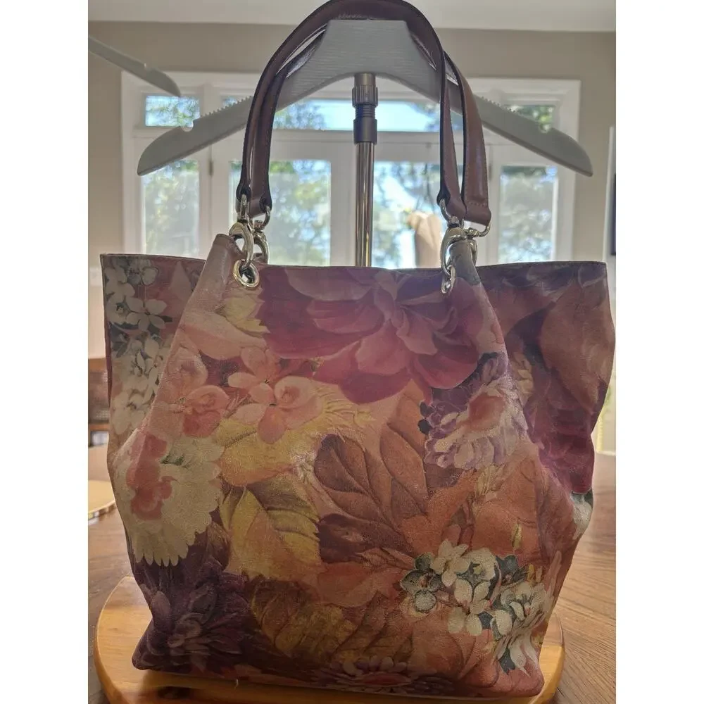 Maurizio Taiuti Italian Leather Floral Colorful Tote Magnetic Close Brown Handle